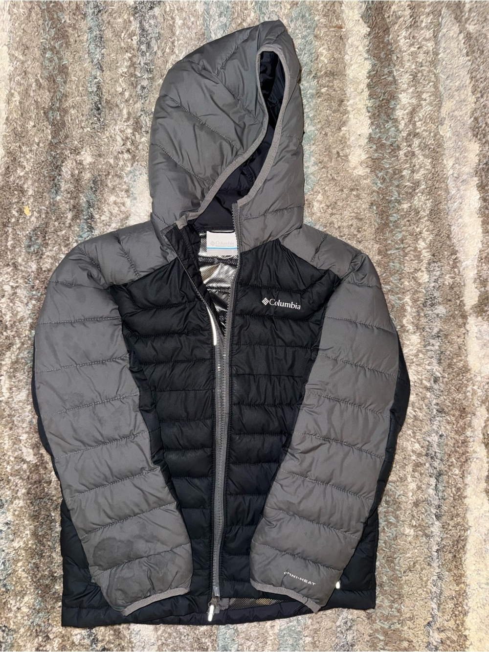 Columbia Kids Two-Tone Hooded Puffer Jacket in Black and Gray
